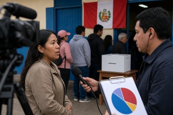 Un periodista sostiene un micrófono y un gráfico circular frente a una mujer, cerca de una urna de votación y la bandera de Perú.