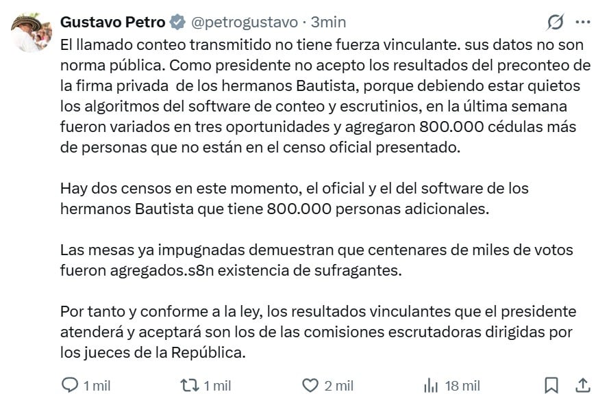 Captura de pantalla de la cuenta oficial en X del presidente de Colombia, Gustavo Petro, @petrogustavo que muestra un mensaje en el que indica que no acepta resultados del conteo electoral que dieron la victoria a De la Espriella. EFE/ @petrogustavo