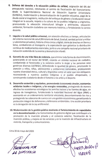 Compromiso suscrito por Roberto Sánchez