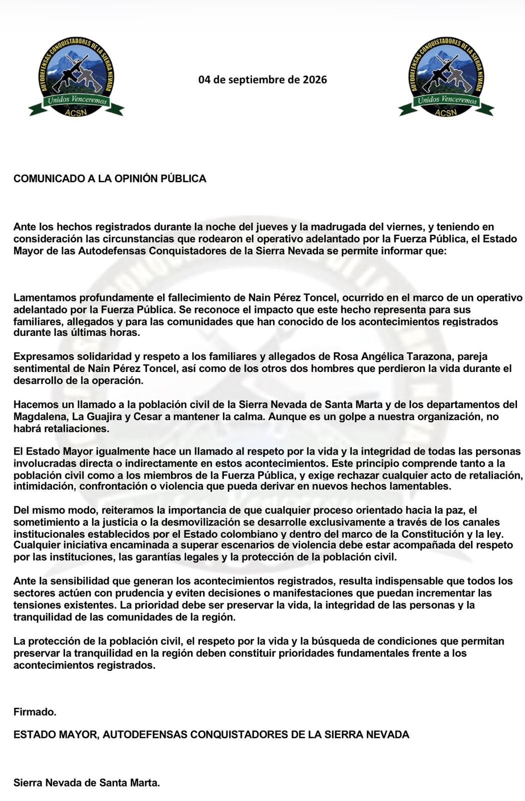 Autodefensas Conquistadoras de la Sierra Nevada lamentaron la muerte de alias Naín o Bendito Menor y alias La Bebecita - crédito @ACSN_oficial/X