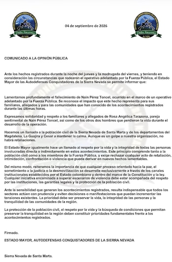 Autodefensas Conquistadoras de la Sierra Nevada lamentaron la muerte de alias Naín o Bendito Menor y alias La Bebecita - crédito @ACSN_oficial/X