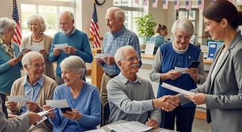 Vista frontal de un grupo diverso de adultos mayores en una oficina, sonriendo mientras reciben cheques de una joven empleada y algunos usan teléfonos.