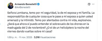 El ministro Armando Benedetti aseguró que teme por su seguridad y la de su familia - crédito @AABenedetti/X