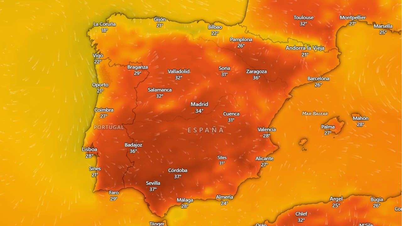Mapa de temperaturas en España el viernes 25 de septiembre de 2026. (Windy)