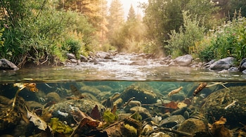 Vista dividida de un arroyo: arriba, el agua fluye entre la vegetación y rocas; abajo, insectos acuáticos y hojas en el lecho rocoso bajo el agua clara.