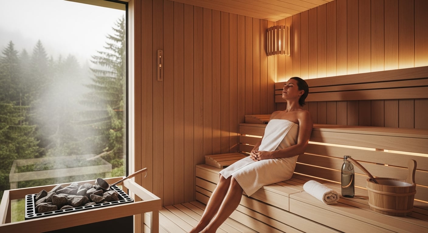 Una mujer envuelta en una toalla blanca se relaja plácidamente en una sauna de madera, disfrutando del vapor y las vistas a un frondoso bosque nublado después de su entrenamiento. (Imagen Ilustrativa Infobae)