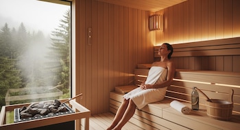 Mujer con toalla blanca sentada en banco de sauna de madera, ojos cerrados, con vista a bosque nublado por ventana. Se observa calentador con piedras y vapor.