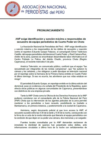 Comunicado Asociación Nacional de Periodistas