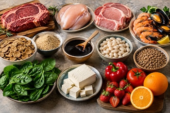 Carnes, mariscos, legumbres, cereales, tofu, espinacas y frutas distribuidos en platos y cuencos sobre una mesa de piedra
