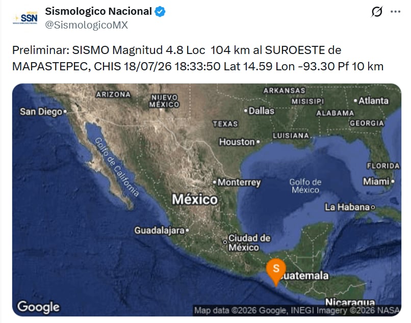 Sismo de 4.8 en Mapastepec, Chiapas este 18 de julio. (Servicio Sismológico Nacional)