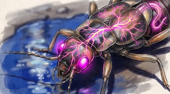Ilustración de una tijereta con ramificaciones luminosas magenta en el cuerpo y los ojos, situada junto a una poza de agua.