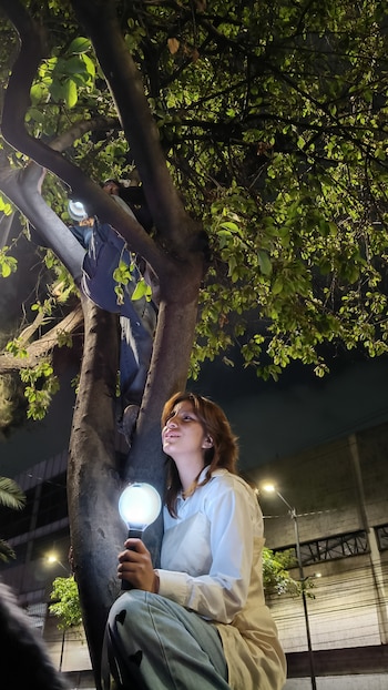 Mujer joven con una ARMY BOMB luminosa sentada junto a un árbol frondoso de noche, mirando hacia arriba. Otra persona se encuentra en las ramas superiores del árbol
