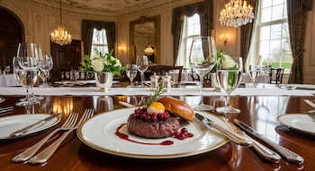 Una hamburguesa de carne de ciervo con arándanos y yema de huevo en un plato elegante, cubiertos de plata y copas de cristal sobre una mesa de madera oscura en un comedor de palacio.