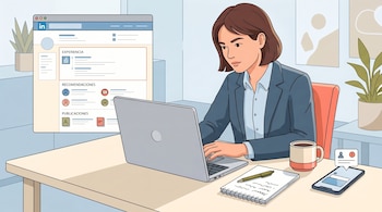 Ilustración de una mujer sentada en un escritorio, usando una laptop que muestra un perfil de LinkedIn. Hay una taza, un cuaderno y un smartphone cerca.