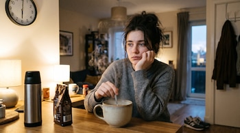 Una mujer sentada a una mesa sostiene una cuchara dentro de una taza grande, junto a un termo metálico, un paquete y un reloj de pared.