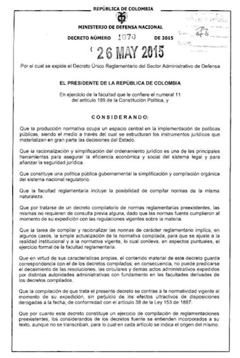 Con el Decreto 1070 se expidió el Decreto Único Reglamentario del Sector Administrativo de Defensa - crédito Ministerio de Defensa