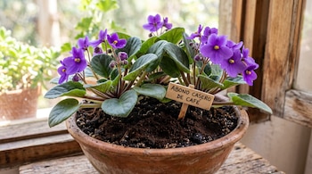 Maceta de barro con una planta de violeta de flores moradas, tierra con posos de café y un cartel de madera con texto.