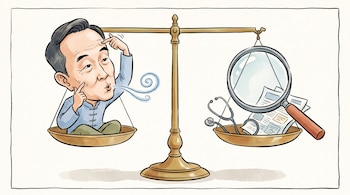 Ilustración de una balanza con un hombre en el plato izquierdo y una lupa, un estetoscopio y documentos en el plato derecho.