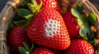 Primer plano de varias fresas rojas con hojas verdes en una cesta de mimbre; una fresa tiene una mancha blanca pulverulenta.