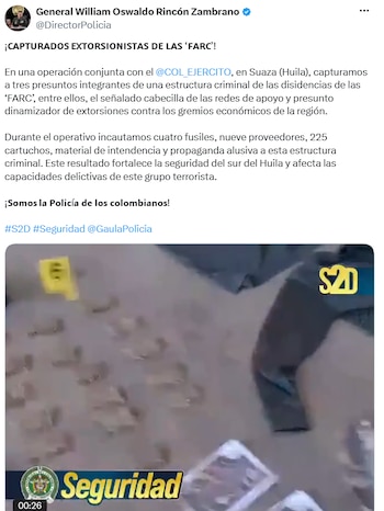 Policía y Ejército capturaron a tres presuntos cabecillas extorsionistas de las disidencias de las Farc en Huila - crédito @DirectorPolicia/X