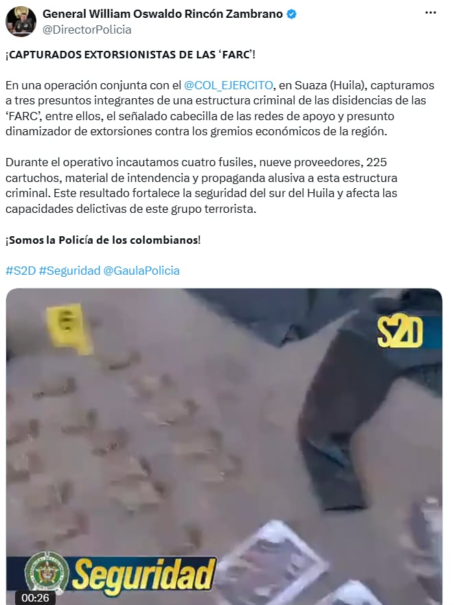 Policía y Ejército capturaron a tres presuntos cabecillas extorsionistas de las disidencias de las Farc en Huila - crédito @DirectorPolicia/X