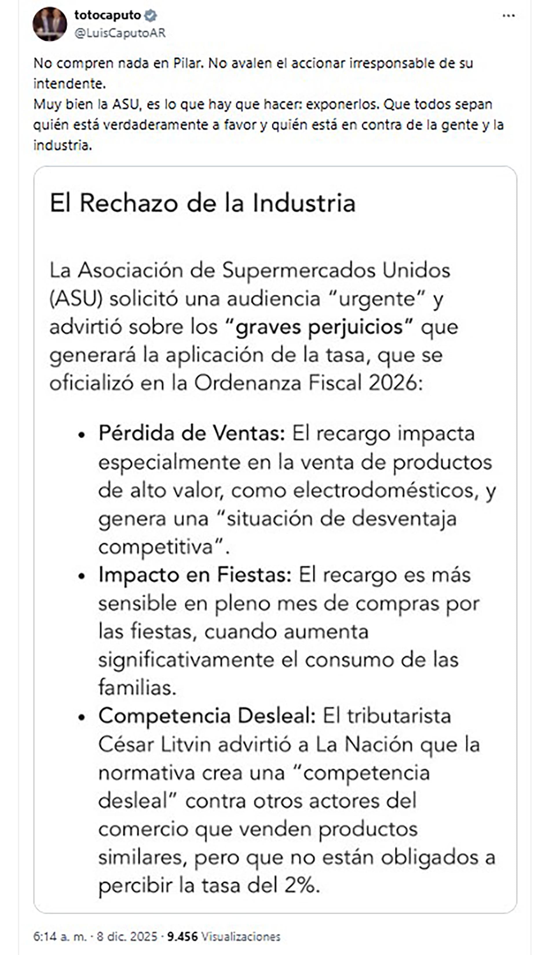 El ministro de Economía, Luis Caputo, volvió a cuestionar duramente la suba de una tasa en Pilar
