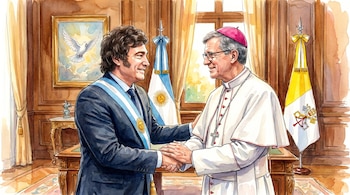 Acuarela: Javier Milei con banda presidencial y el arzobispo Jorge García Cuerva con atuendo clerical, estrechando manos. Banderas de Argentina y Vaticano. Cuadro de paloma.