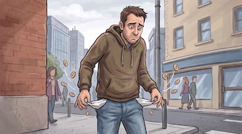 Ilustración de un hombre en una acera con los bolsillos del pantalón hacia afuera y monedas que caen al suelo cerca de edificios.