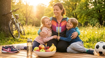 Madre y dos niños ríen y se abrazan sentados en una plataforma de madera en un parque, con un cuenco de frutas, una botella de agua, zapatillas y una bicicleta.