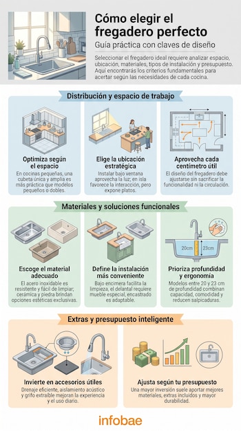 Infografía con título "Cómo elegir el fregadero perfecto", ilustraciones de fregaderos, grifos, cocinas, materiales diversos, medidas de profundidad y dinero.