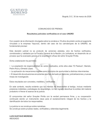 El abogado de Sneyder Pinilla afirma que la condena se sustenta en pruebas verificadas y no en versiones aisladas - crédito @GustavoMorenoRi/X