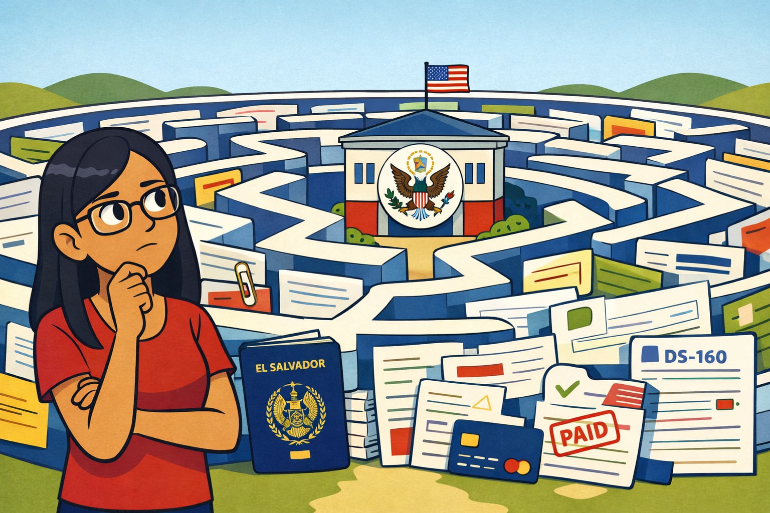 Karla López se enfrenta a un complejo laberinto de formularios y documentos para tramitar su visa en la Embajada de Estados Unidos, con un pasaporte salvadoreño a la vista. (Imagen Ilustrativa Infobae)