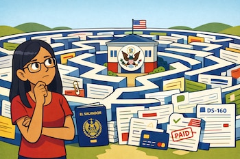Ilustración de Karla López pensativa frente a un laberinto de documentos que lleva a la Embajada de EE.UU., junto a un pasaporte de El Salvador y un formulario DS-160.