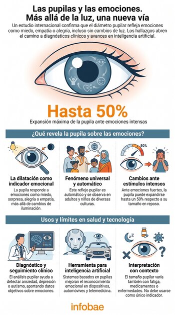 Infografía. Un ojo central, seis paneles ilustrados sobre dilatación pupilar, personas, un médico, un robot, un coche y símbolos de salud y tecnología.
