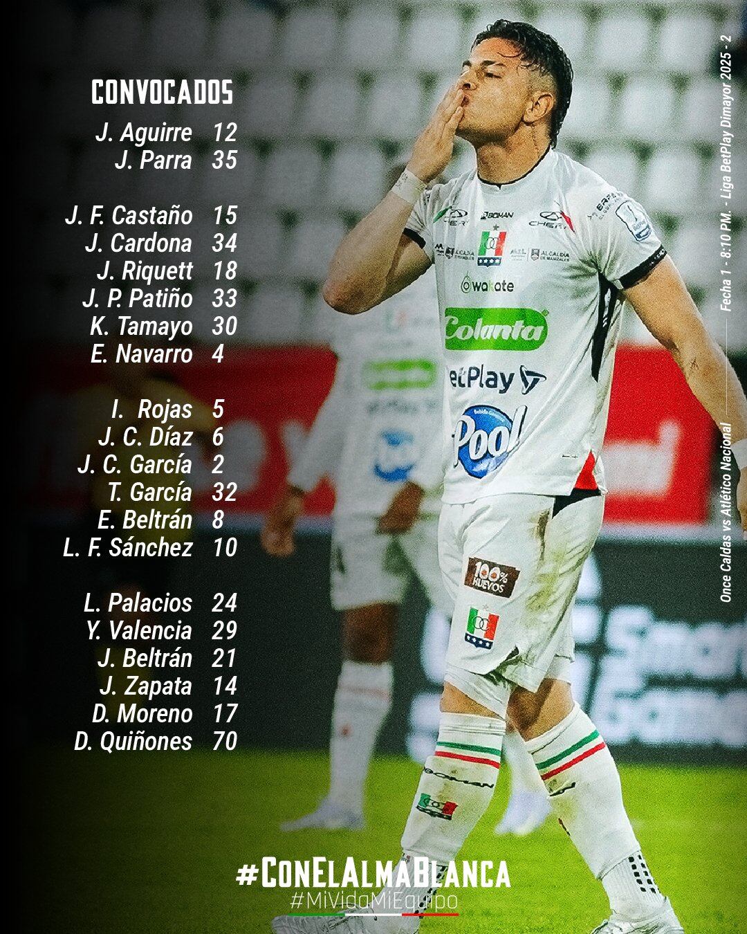 Once Caldas llamó a 20 jugadores para enfrentar al Atlético Nacional en Manizales - crédito Once Caldas