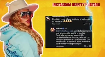 Una mujer con sombrero y gafas de sol junto a una captura de pantalla de comentarios de Instagram sobre fondo amarillo