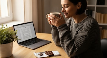 Mujer sentada ante una computadora portátil con taza humeante, barra de chocolate con un trozo separado y planta en maceta sobre escritorio.