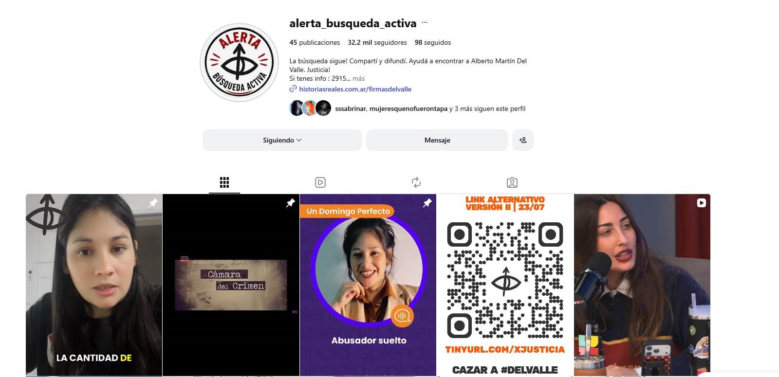 La cuenta de instagram que creó la hermana de la víctima es @alerta_busqueda_activa