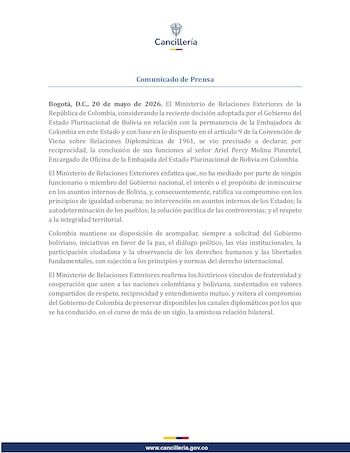 El Gobierno colombiano actuó en respuesta directa a la medida tomada por Bolivia, manteniendo firme su postura de reciprocidad - crédito Ministerio de Relaciones Exteriores