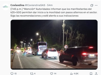 Los manifestantes permitieron el paso por unos minutos pero volvieron a instalar el bloqueo - crédito @CoviendinaSAS/X