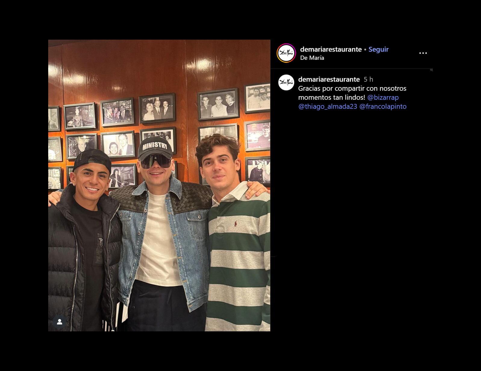 Thiago Almada, Bizarrap y Franco Colapinto (@demariarestaurante)