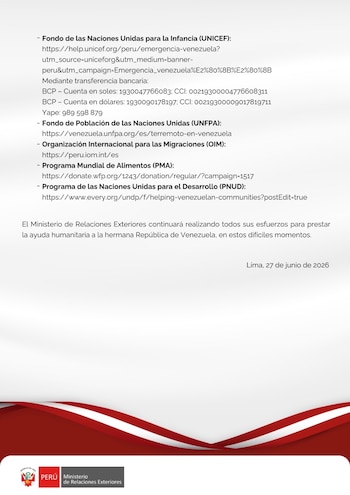 Las autoridades peruanas orientan a empresas y ciudadanos a utilizar plataformas oficiales de Naciones Unidas y organismos internacionales