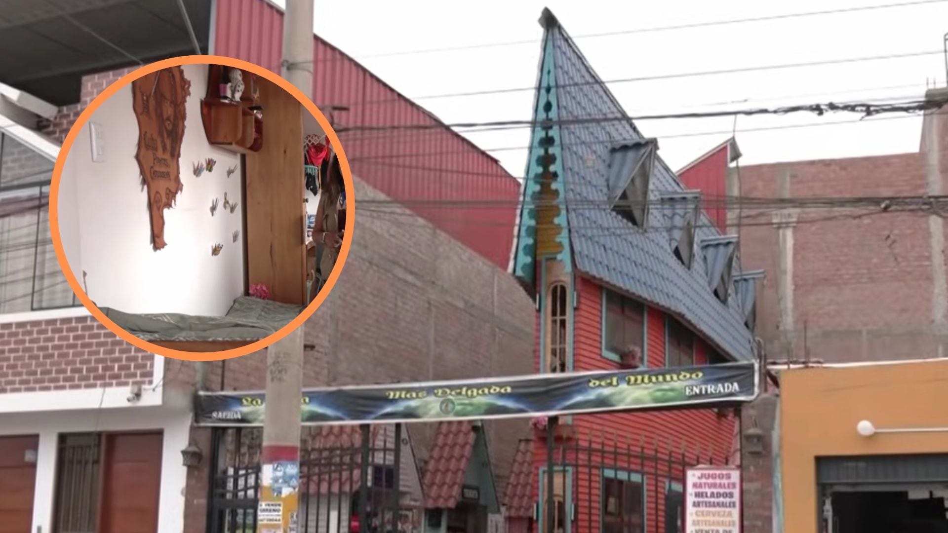 La casa está ubicada en Aucallama, provincia de Huaral, y su fachada de ingreso mide apenas 63 centímetros de ancho. Composición: Infobae