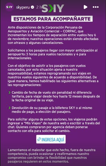 Comunicado de Sky Airline Perú.