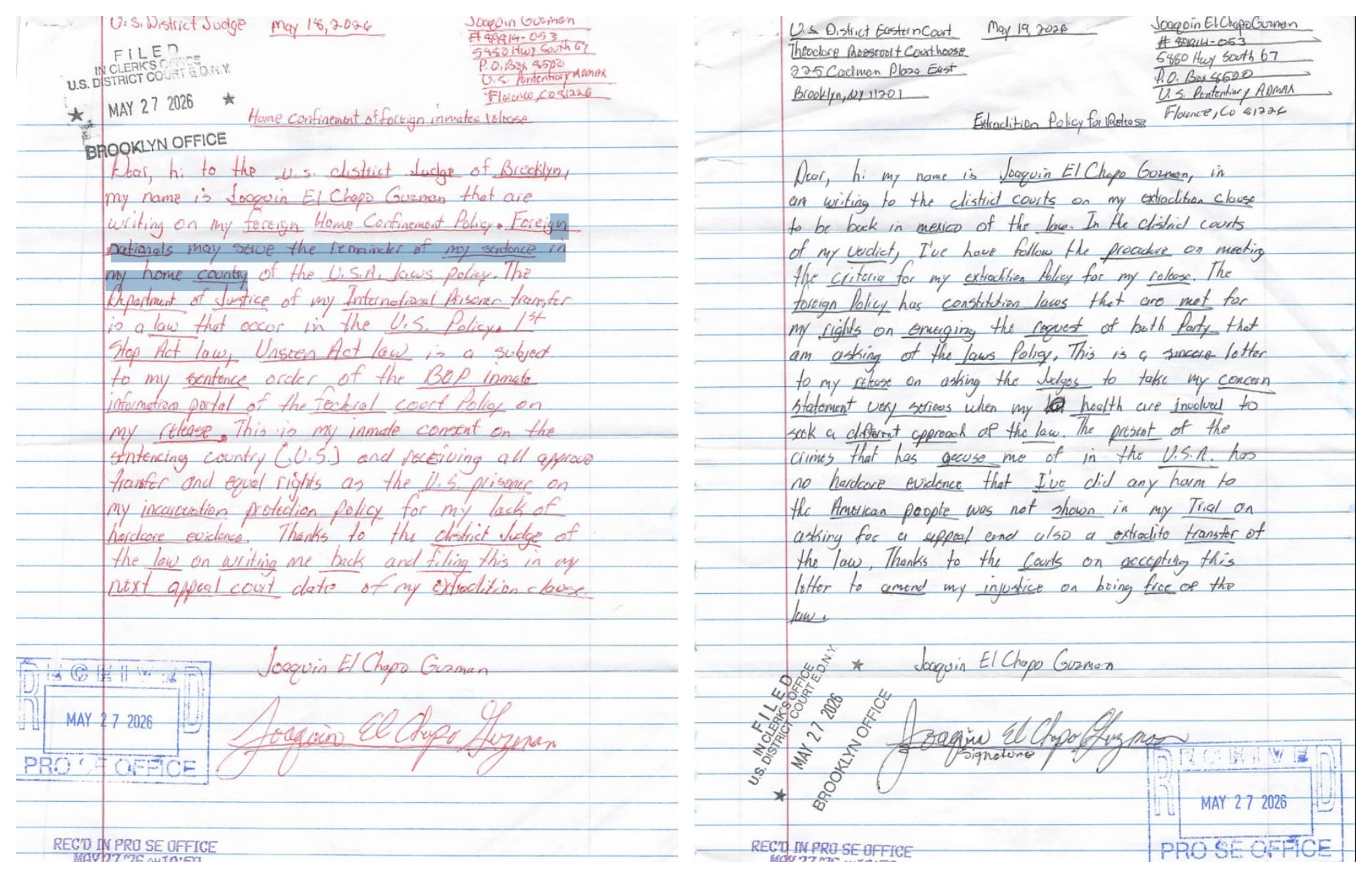 Nuevas cartas de El Chapo, reveladas este 27 de mayo. Crédito: X - @AngelenHD