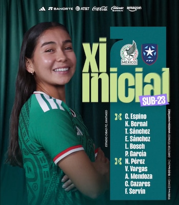 Vanessa Martínez alineó un once de vocación ofensiva con Celeste Espino, Fátima Servín y Ana Mendoza como referentes por línea. (X/ @Miseleccionfem)