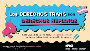 Un cartel vibrante con fondo azul y amarillo claro muestra el texto "Los DERECHOS TRANS son DERECHOS HUMANOS", un megáfono rosa y una bandera trans