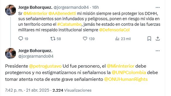 El personero afirma que las declaraciones de Benedetti pueden poner su vida en peligro - crédito Jorge Bohorquez/X