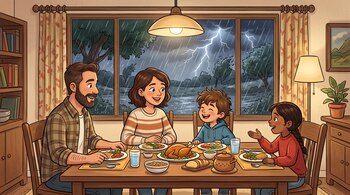 Un padre, una madre y dos niños están sentados a la mesa cenando, mientras una ventana al fondo muestra lluvia y relámpagos.