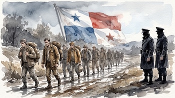 Acuarela de hombres con mochilas que caminan por una senda junto a dos figuras uniformadas y la bandera de Panamá.